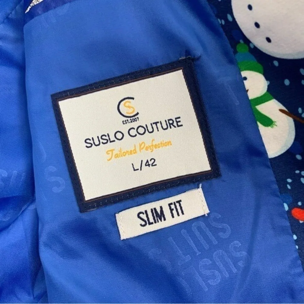 Souslo Couture Men Large 42 Snowman Print Blazer Holiday Party Novelty